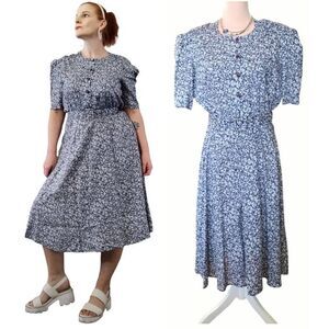 VTG 80s USA Blue White Floral Belted Secretary Midi Dress Size 10/ Medium